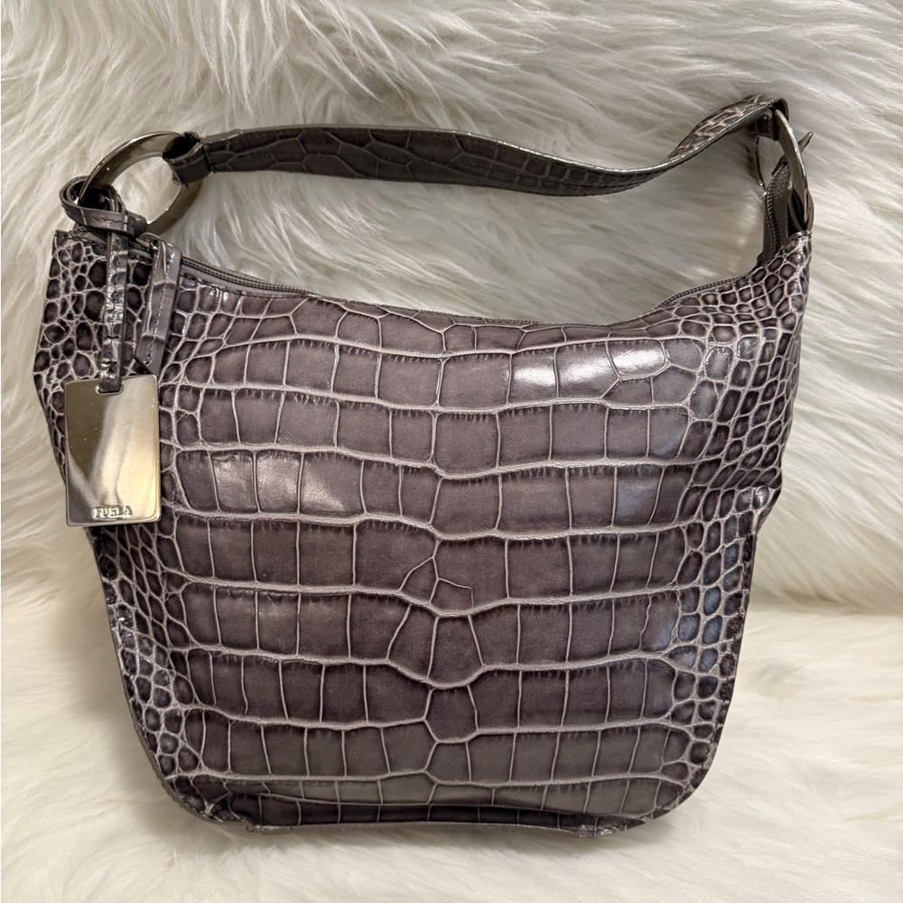 Furla Gray Crocodile-Embossed Shoulder Bag